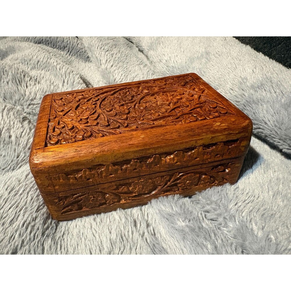Vintage hand carved wooden trinket jewelry box from India cute unique gift